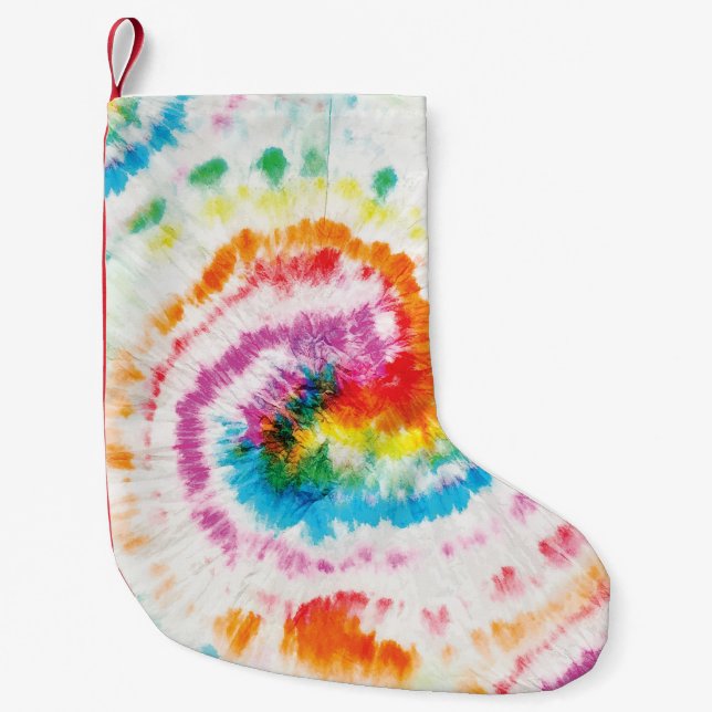 Spiral tie-dye, rainbow swirl pattern small christmas stocking (Front)