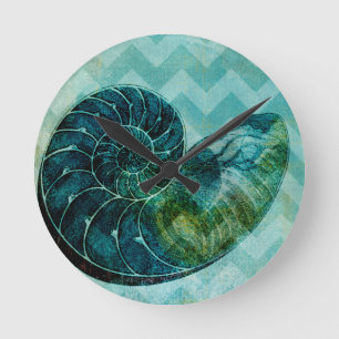 Spiral Turquoise Conch Shell Round Clock