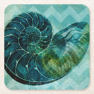 Spiral Turquoise Conch Shell Square Paper Coaster