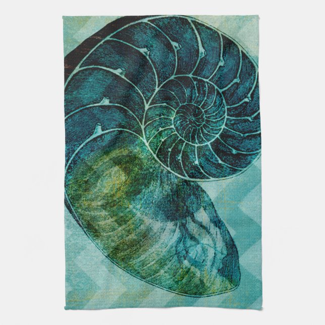 Spiral Turquoise Conch Shell Tea Towel (Vertical)