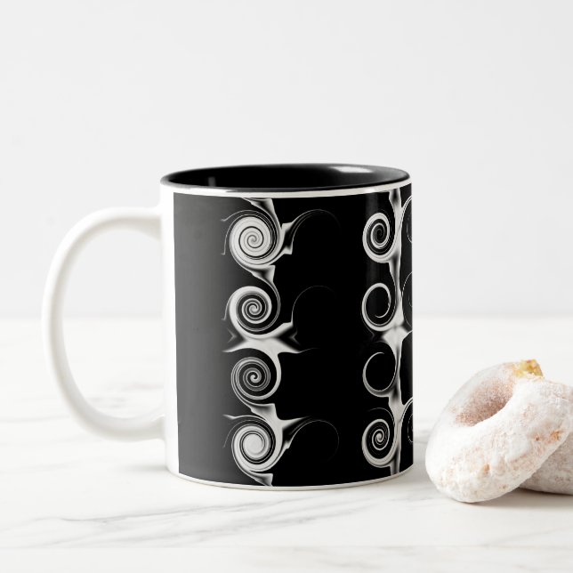 Spirals and Swirls Black and White Pattern Two-Tone Coffee Mug (With Donut)