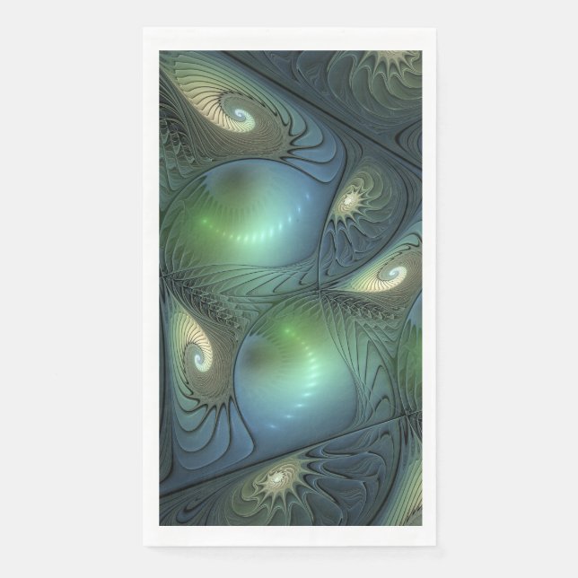 Spirals Beige Green Turquoise Abstract Fractal Art Napkin (Front)