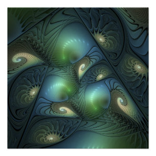 Spirals Beige Green Turquoise Abstract Fractal Art Poster