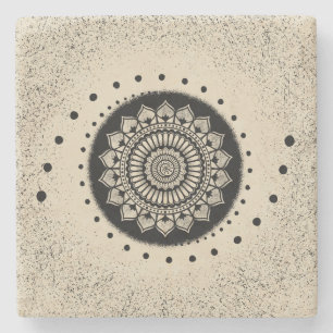 Spirals Dots and Flowers Black Henna Mandala Stone Coaster