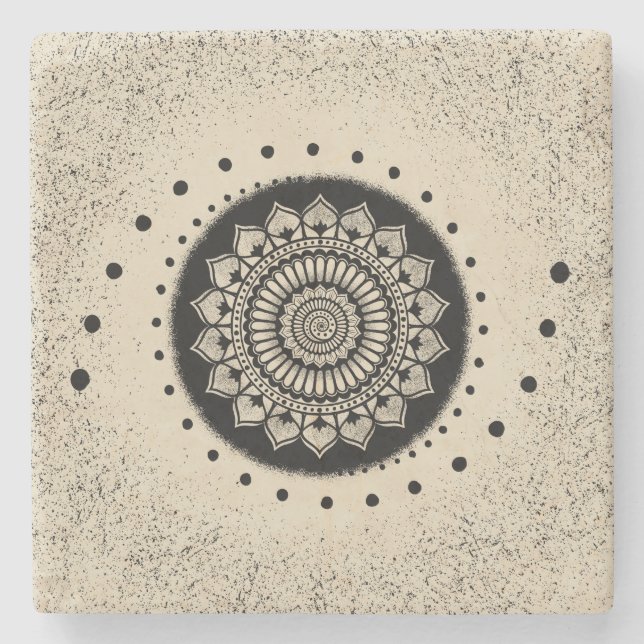 Spirals Dots and Flowers Black Henna Mandala Stone Coaster (Front)