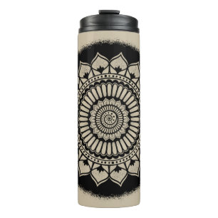 Spirals Dots Flowers Black Tan Henna Mandala Thermal Tumbler