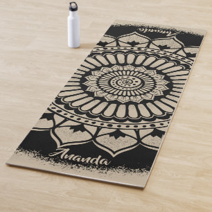 Spirals Dots Flowers Black Tan Henna Mandala Yoga Mat