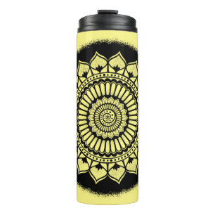 Spirals Dots Flowers Black Yellow Henna Mandala Thermal Tumbler