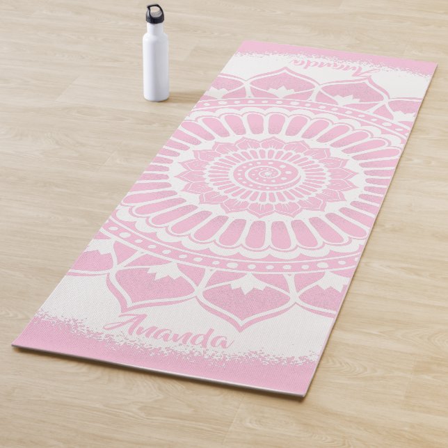 Spirals Dots Flowers Pink White Henna Mandala Yoga Mat (In Situ)