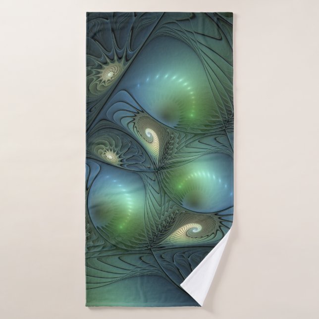 Spirals Teal Beige Green Abstract Fractal Art Bath Towel (Bath Towel)