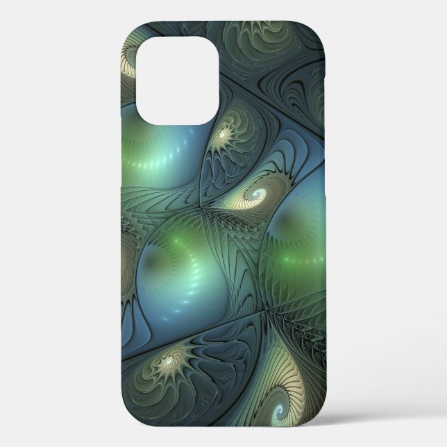 Spirals Teal Beige Green Abstract Fractal Art Case-Mate iPhone Case (Back)