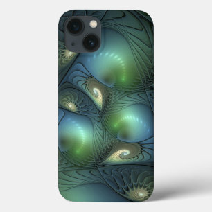 Spirals Teal Beige Green Abstract Fractal Art iPhone 13 Case
