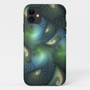 Spirals Teal Beige Green Abstract Fractal Art iPhone 11 Case