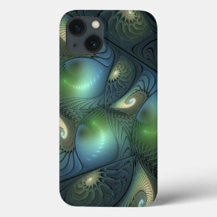 Spirals Teal Beige Green Abstract Fractal Art iPhone 13 Case