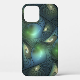 Spirals Teal Beige Green Abstract Fractal Art iPhone 12 Pro Case