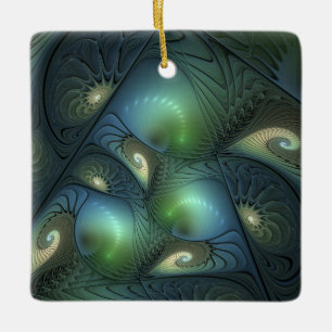 Spirals Teal Beige Green Abstract Fractal Art Ceramic Ornament