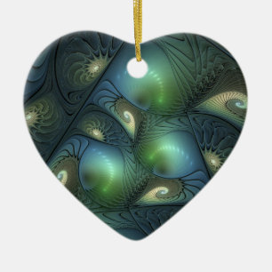 Spirals Teal Beige Green Abstract Fractal Art Ceramic Tree Decoration