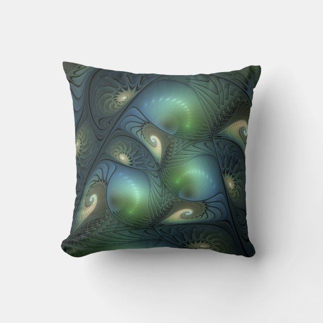 Spirals Teal Beige Green Abstract Fractal Art Cushion (Front)