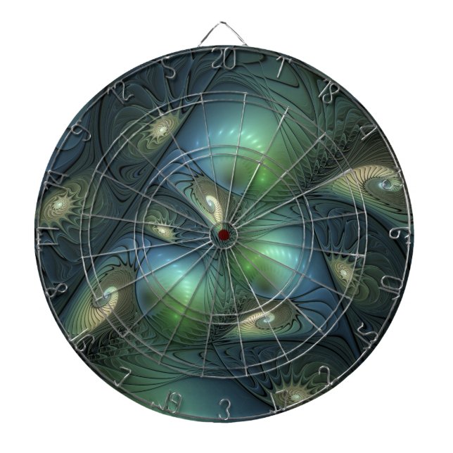 Spirals Teal Beige Green Abstract Fractal Art Dartboard (Front)