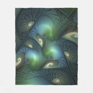 Spirals Teal Beige Green Abstract Fractal Art Fleece Blanket
