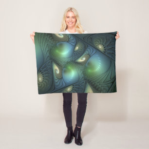 Spirals Teal Beige Green Abstract Fractal Art Fleece Blanket