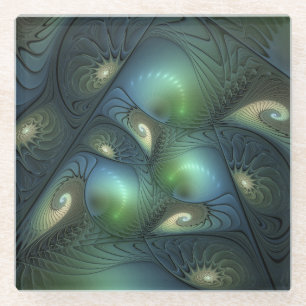 Spirals Teal Beige Green Abstract Fractal Art Glass Coaster