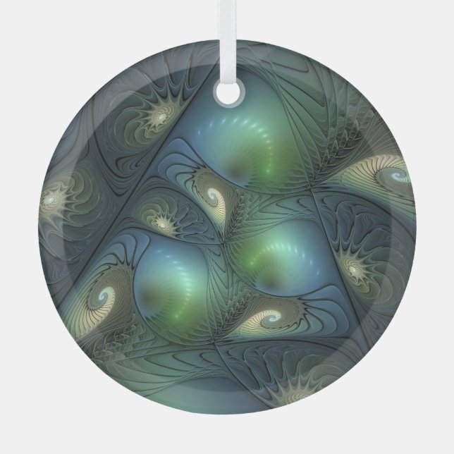 Spirals Teal Beige Green Abstract Fractal Art Glass Tree Decoration (Front)