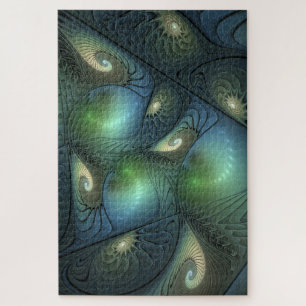 Spirals Teal Beige Green Abstract Fractal Art Jigsaw Puzzle