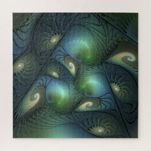Spirals Teal Beige Green Abstract Fractal Art Jigsaw Puzzle