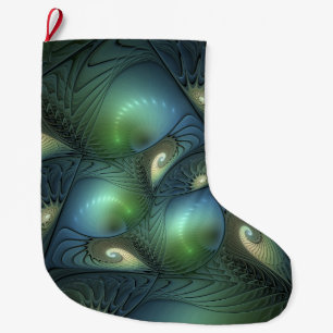 Spirals Teal Beige Green Abstract Fractal Art Large Christmas Stocking