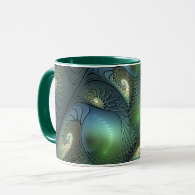 Spirals Teal Beige Green Abstract Fractal Art Mug (Front Left)