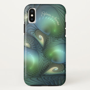 Spirals Teal Beige Green Abstract Fractal Art Name iPhone X Case