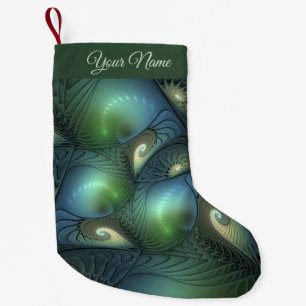 Spirals Teal Beige Green Abstract Fractal Art Name Small Christmas Stocking