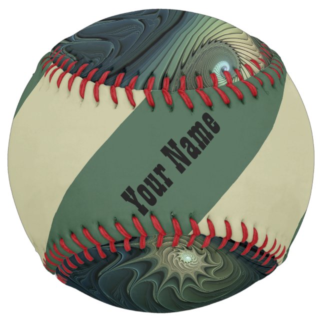 Spirals Teal Beige Green Abstract Fractal Art Name Softball (Front)