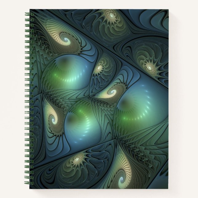 Spirals Teal Beige Green Abstract Fractal Art Notebook (Front)