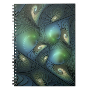 Spirals Teal Beige Green Abstract Fractal Art Notebook