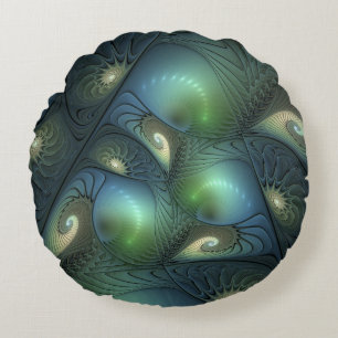 Spirals Teal Beige Green Abstract Fractal Art Round Cushion