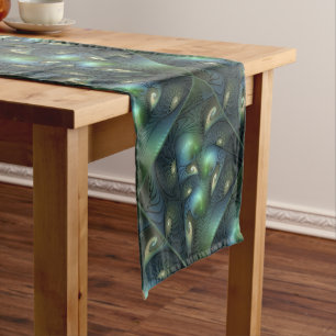 Spirals Teal Beige Green Abstract Fractal Art Short Table Runner