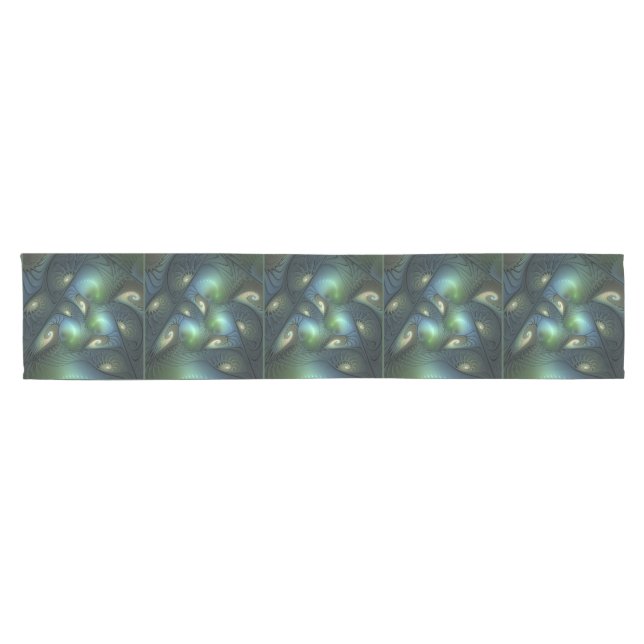 Spirals Teal Beige Green Abstract Fractal Art Short Table Runner (Horizontal)