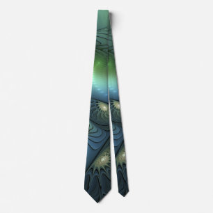 Spirals Teal Beige Green Abstract Fractal Art Tie