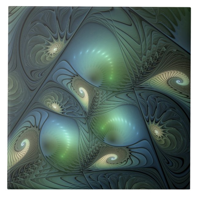 Spirals Teal Beige Green Abstract Fractal Art Tile (Front)