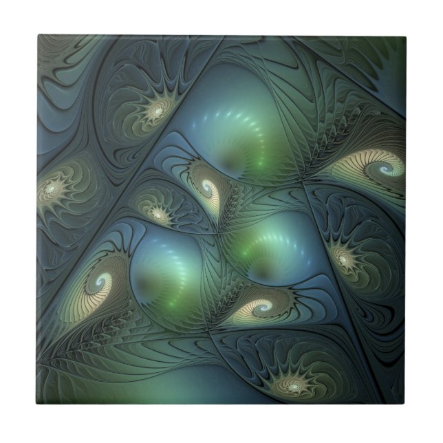 Spirals Teal Beige Green Abstract Fractal Art Tile (Front)