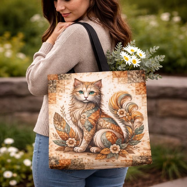 Spirit Cat, Boho Patchwork Rustic Folk Art Tote Bag (Creator Uploaded)