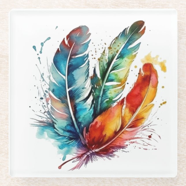 Spirit Feathers: Vibrant Watercolor Art Glass Coaster (Front)