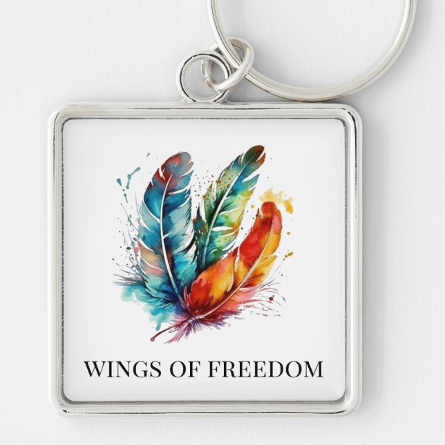 Spirit Feathers: Vibrant Watercolor Art Key Ring (Front)