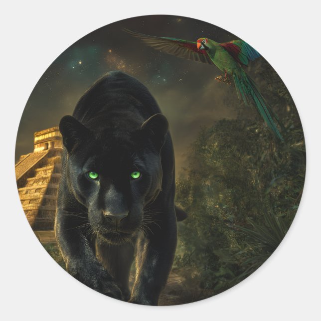 Spirit of the Jaguar and the Green Macaw Classic Round Sticker (Front)