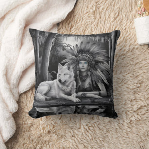 Spirit of the Wild: Indian Woman and Wolf Cushion