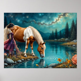 Spirit of Woman and a Palomino horse at Water Poster