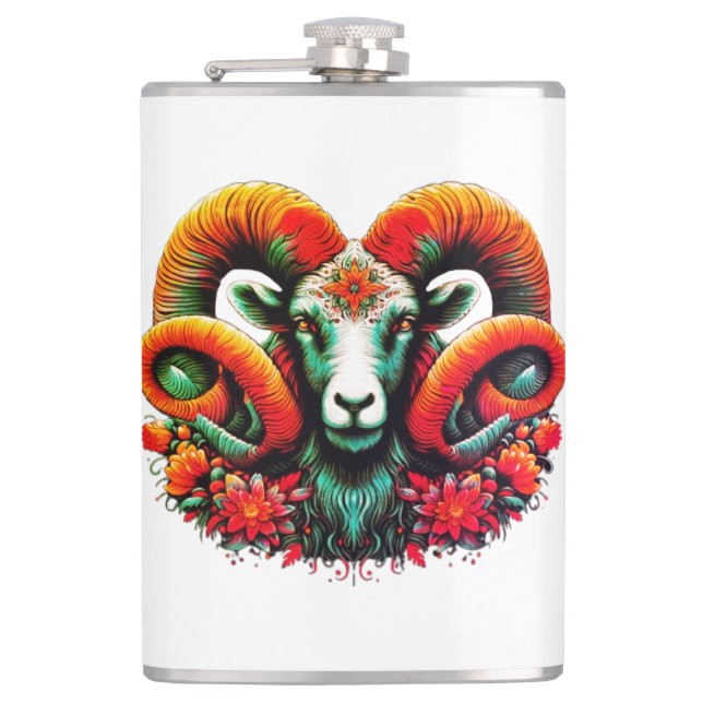 Spirit Ram – Floral Horns & Earth Wisdom Hip Flask (Front)