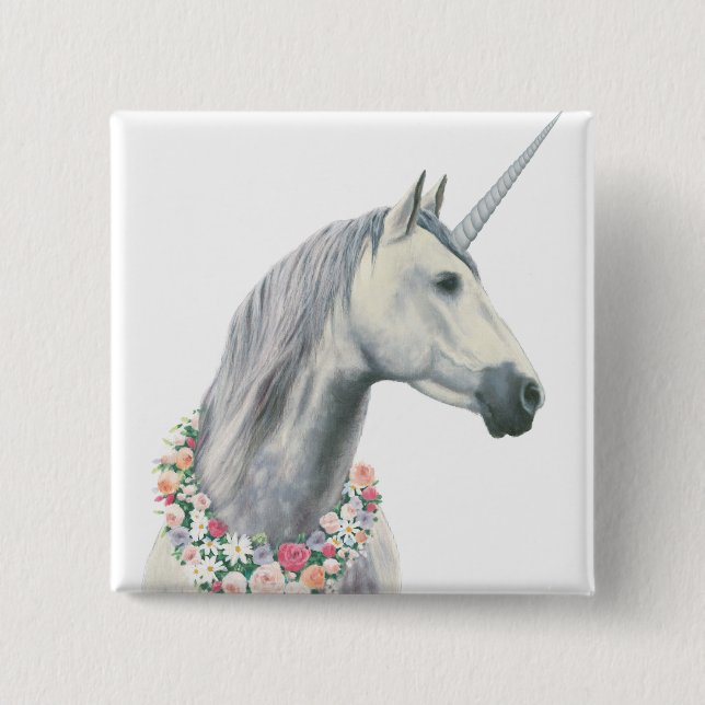 Spirit Unicorn with Flowers Around Neck 15 Cm Square Badge (Front)
